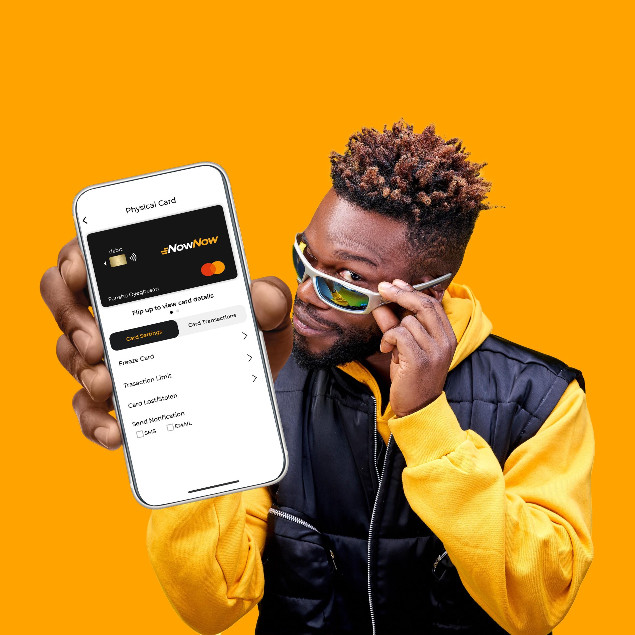 Man showing a virtual card in the NowNow app