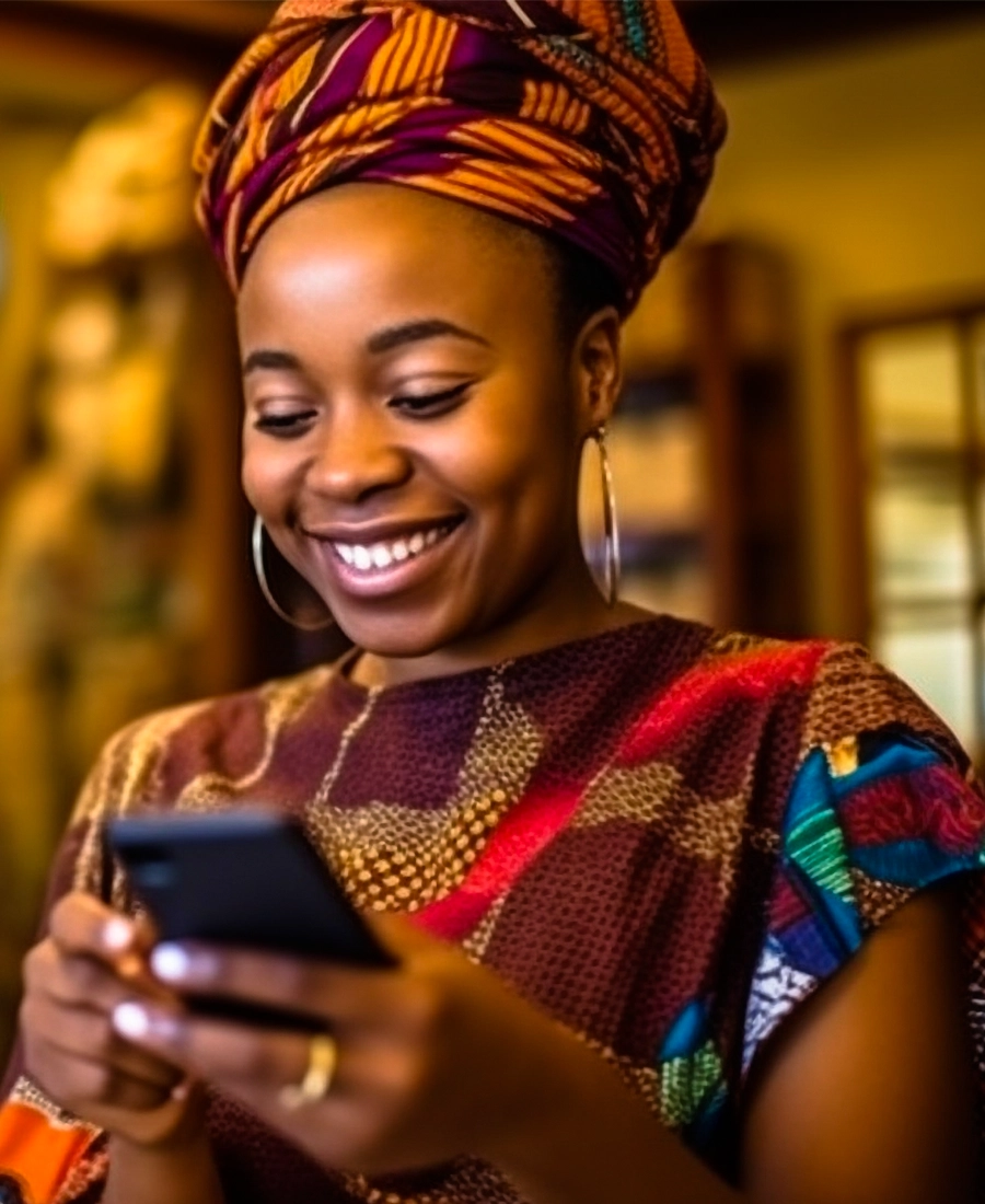 Smiling woman using MyBiz on her phone